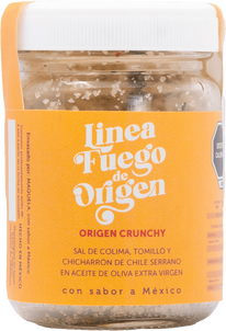 Origen crunchy Sal de Colima, Tomillo y chicharrón de chile serrano en aceite de oliva extra virgen