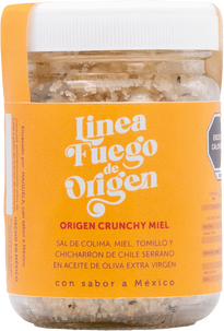 Sal de Colima, Miel, Tomillo y chicharrón de chile serrano en aceite de oliva extra virgen